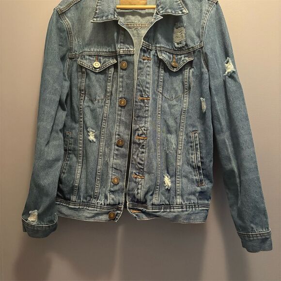Rue21 Jackets & Blazers - Rue 21 Women's Large Distressed Denim Jacket Blue Casual Mid-Length